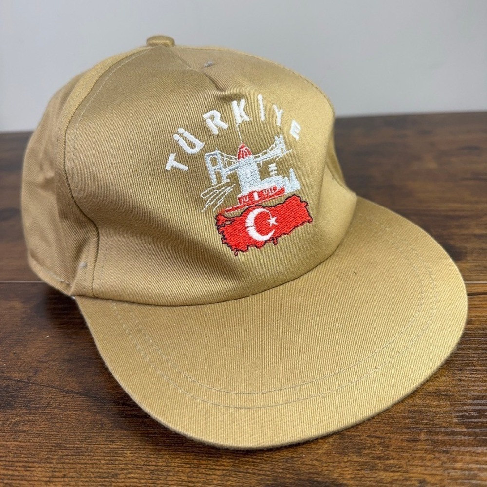 Vintage Turkiye Turkey Flag Bosphorus Bridge Snapback Hat Tan Khaki Cap